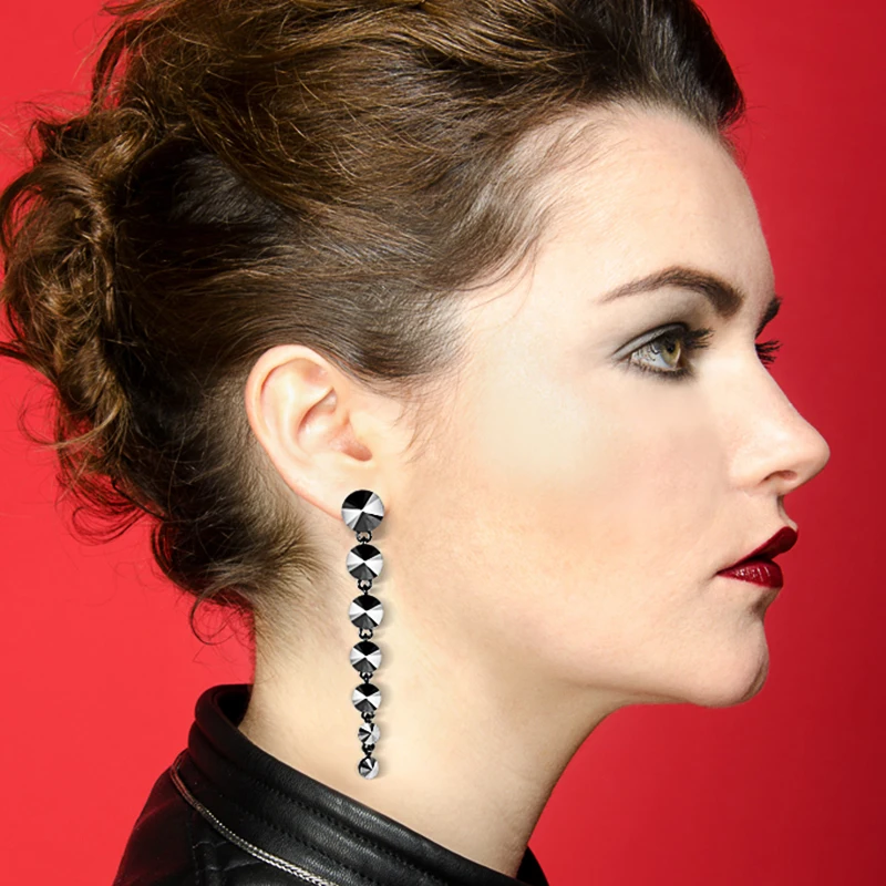 

Kinel Retro Black Crystal Long Drop Earrings Gun Black Fashion Korean Party Jewelry Dangle Hanging Earrings For Girl Women