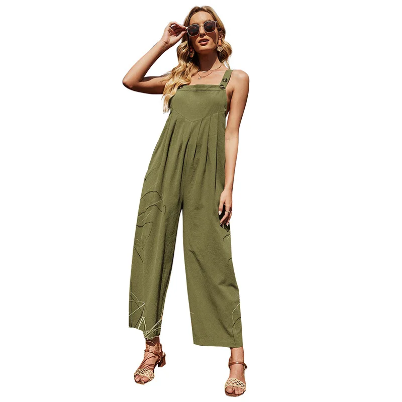 

Summer Solid Cargo Pants for Women's Clothing Loose Sleeveless Sling Jumpsuit Female Casual Cotton Rompers Fashion Trousers 2021