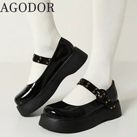 agodor low heel mary janes patent leather pumps for women wedge heel buckle platform ladies round toe pumps casual szie 35 42