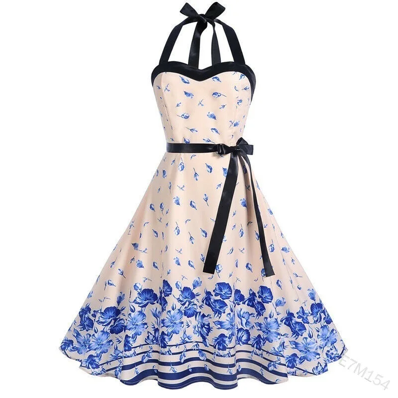 

WEPBEL Women's Halter Bow Floral Printed Dress Sashes Mini Dress A Line Sleeveless Summer Fashion Casual New