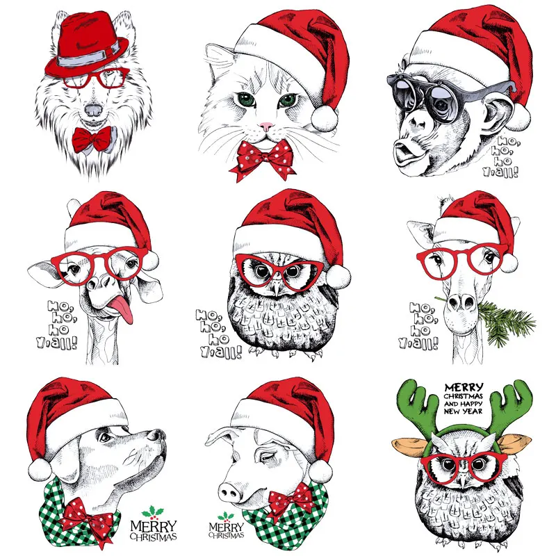

Poemyi Christmas Parches Iron on Cute Animals Patches for Clothing Cartoon Dog Owl Pig Thermo Transfer Stickers Application F