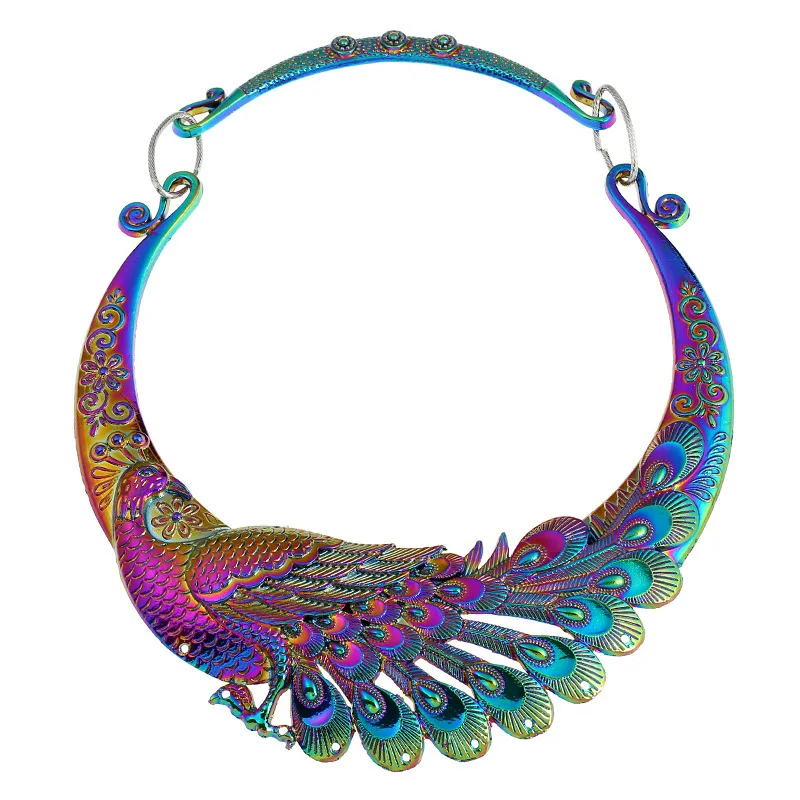 

117g Ethnic Rainbow Peacock & Double Dragon Statement Choker Carved Metal Pendant Necklaces for Women Chunky Collar 45cm JK39FI6