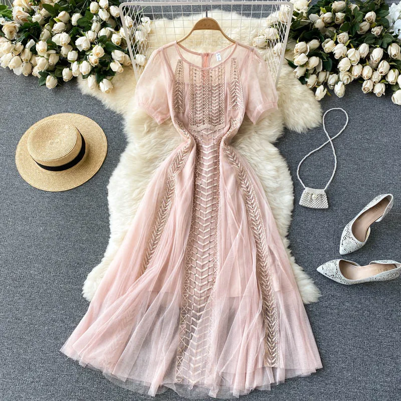 

Designer Women 2022 Summer Round Neck Beading Dresses Elegant Short Sleeve High Waist Slim Embroidery A-Line Dress Vestidos