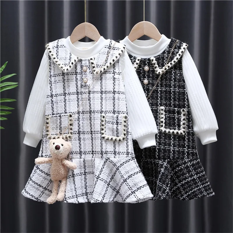 

2Pcs Kids Plaid Dress + Knitted Long Sleeve Sweater Suit Toddler Girls Winter Warm Clothes Child Plush Top Princess Dresses Sets