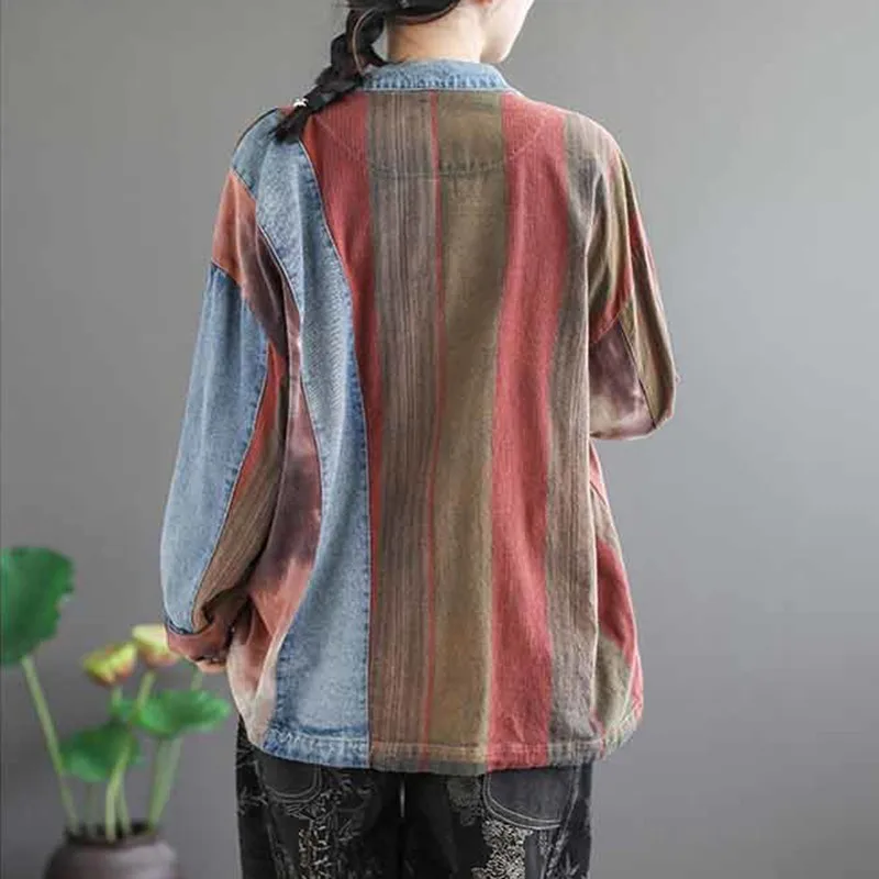 

Women Casual Jeans Jackets New 2020 Autumn Arts Style Vintage V-neck Patchwork Color Female Long Sleeve Outerwear Coats P1465