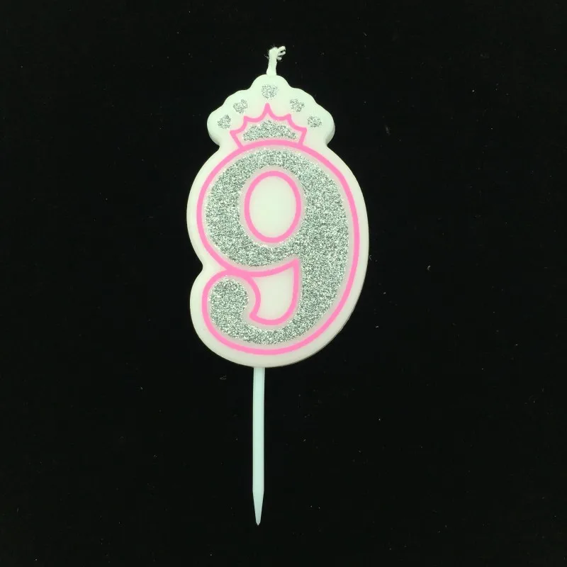 Pink 9 Сверкающие Серебристые розовые/синие свечи с цифрами на день рождения 0-9 для детей, взрослых девочек, для вечеринки на день рождения, короны, свечи для торта, украшения - Цвет: Pink 9