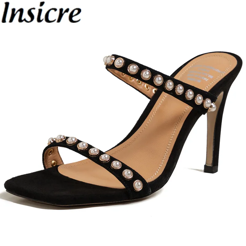 

Сандалии Insicre женские с квадратным носком, босоножки на тонком высоком каблуке, из натуральной замши, с бусинами, черные, размер 40, лето 2021