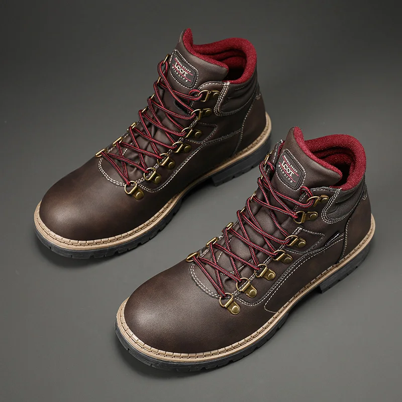 Мужские кожаные ботинки на шнуровке коричневые повседневные ботильоны в