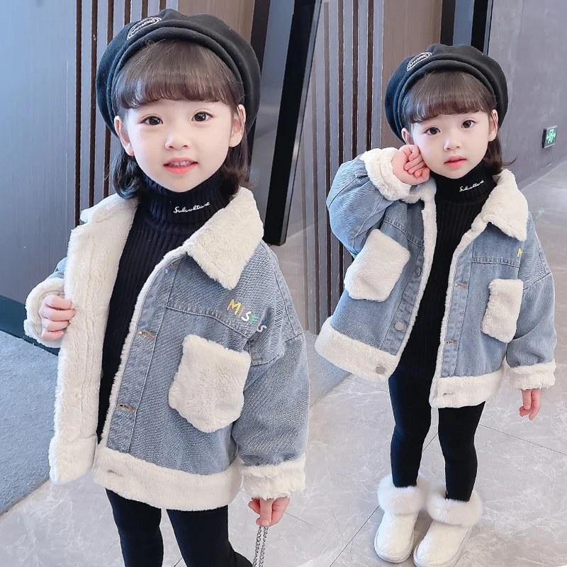 

Girls Kids Coat Jacket Overcoat 2021 Jean Furs Warm Plus Thicken Velvet Winter Top Lambswool School Cardigan Children's Clothing