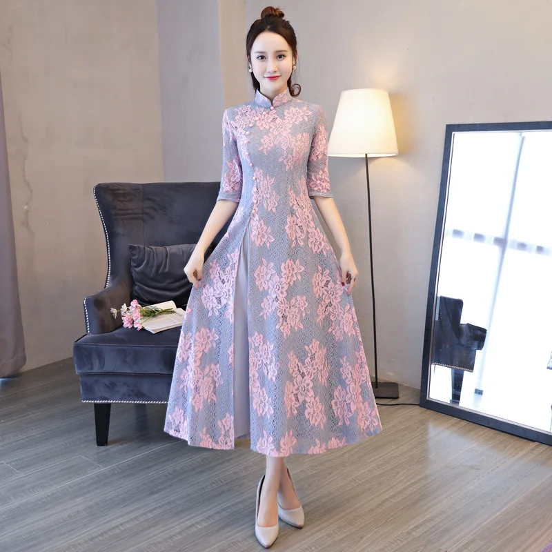 

Mandarin Collar Vestidos Improved Qipao Lace Beading Flower Chinese Dress A-line Formal Party Dress Elegant Classic Cheongsams