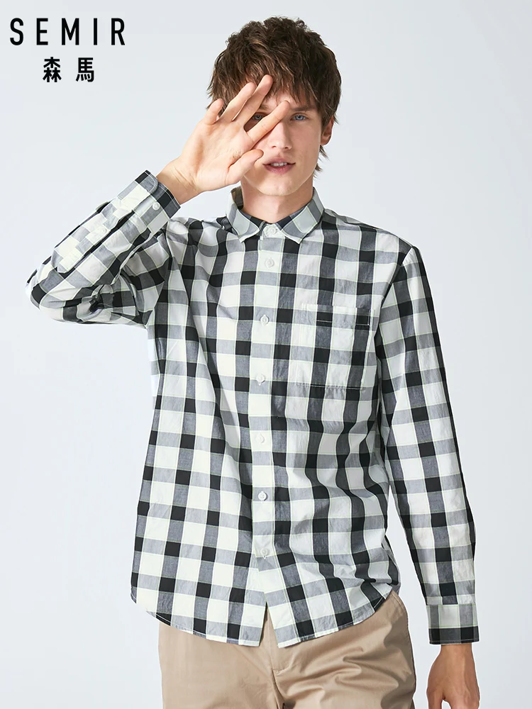 Мужская рубашка с длинным рукавом SEMIR черная и белая клетчатая в Корейском стиле
