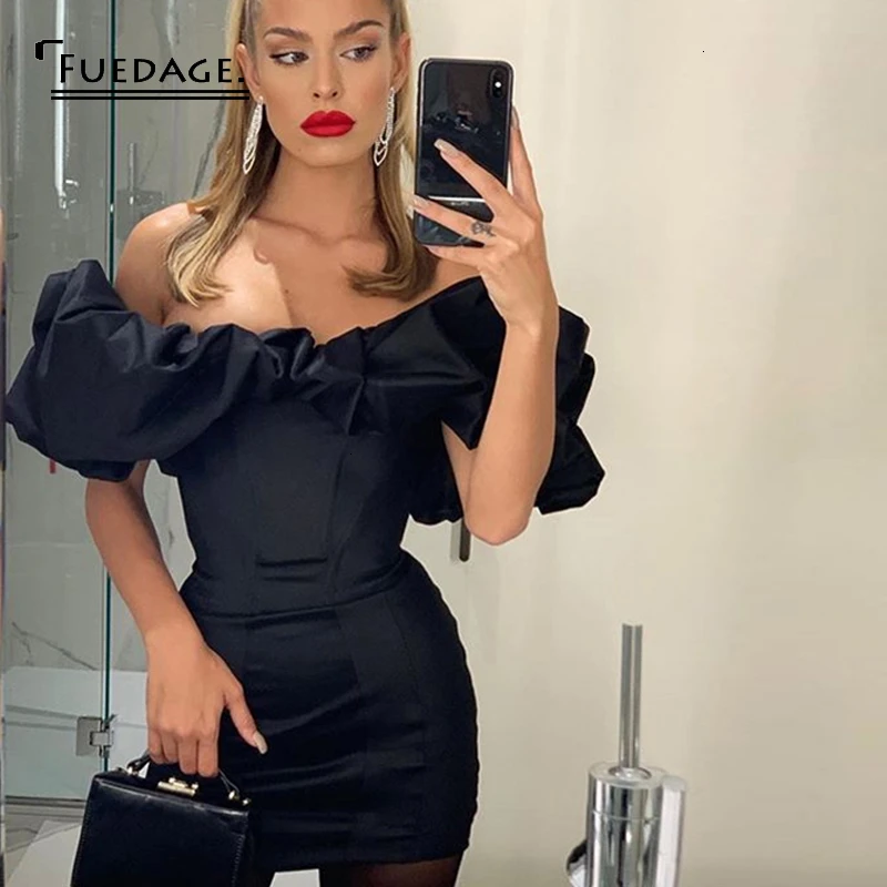 Fuedage летнее черное атласное сексуальное платье для женщин с оборками без