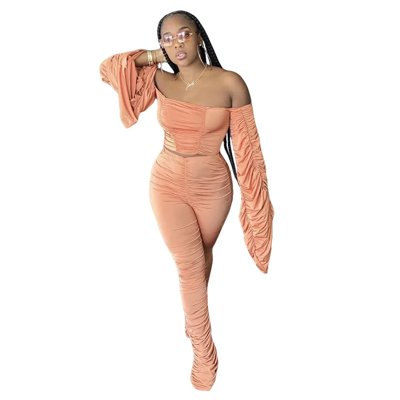 

Elastic Hight Ruched Two Piece Set Tracksuit Women Long Flare Sleeve Skinny Crop Tops High Waist Bodycon Pant Female Sweatsuit