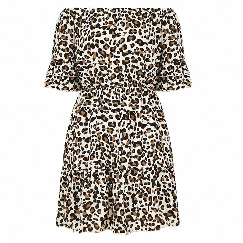 

Leopard Off the Shoulder Women Elegant Slash Neck Summer Dress