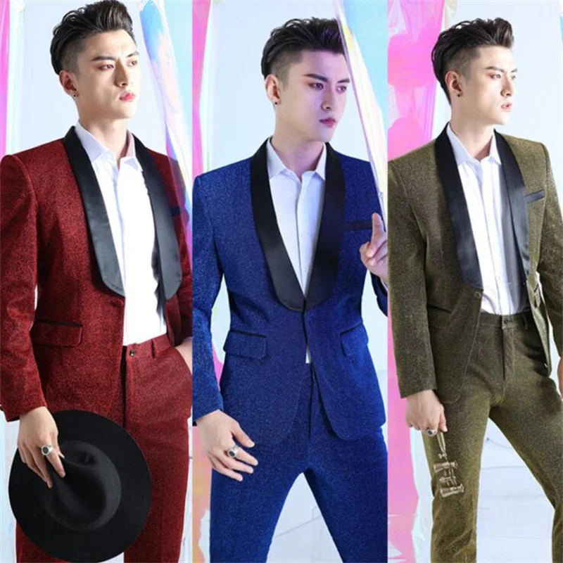 Men's silk suits stage performance costumes slim youth host dresses singers bright clothing fashion terno masculino blazers
