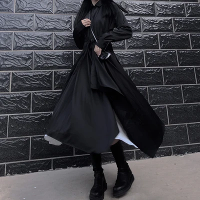 Dark Autumn style new tie with irregular shirt skirt loose long style hepburn wind dress