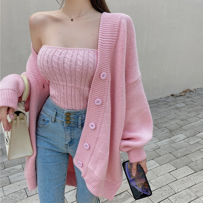 

JUMPRS шикарный женский свитер, комплект из двух предметов в Корейском стиле; Пикантные элегантные майки свободного кроя с v-образным вырезом Т...