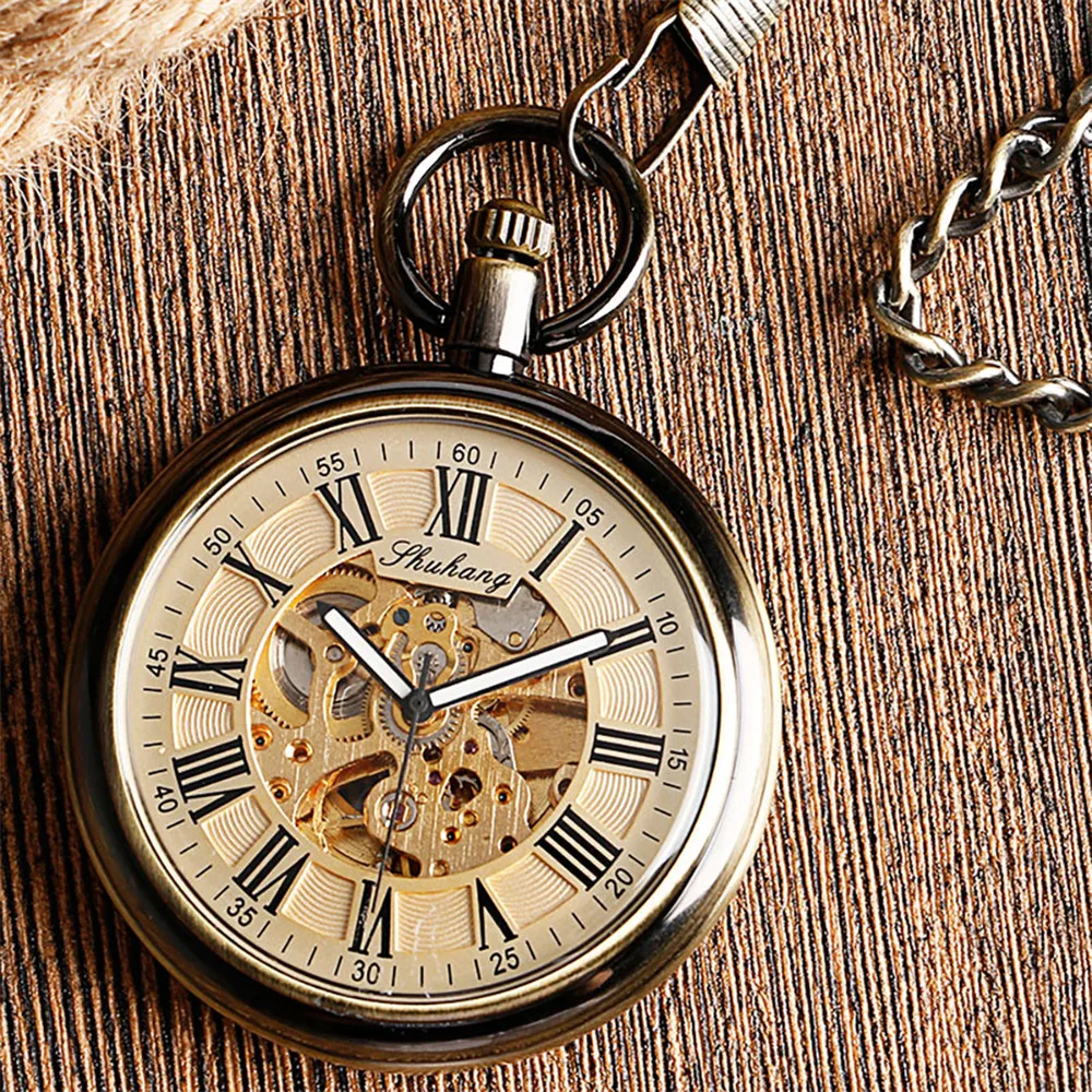Silver/Bronze Roman Numerals Open Face Mechanical Self Winding Pocket Watch Automatic Mechanism Vintage Pendant Pocket Clock