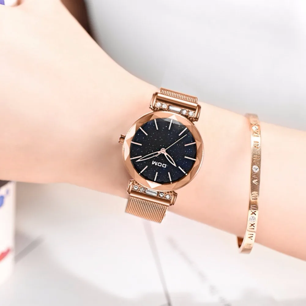 Часы DOM женские золотистые водонепроницаемые люксовые модные повседневные