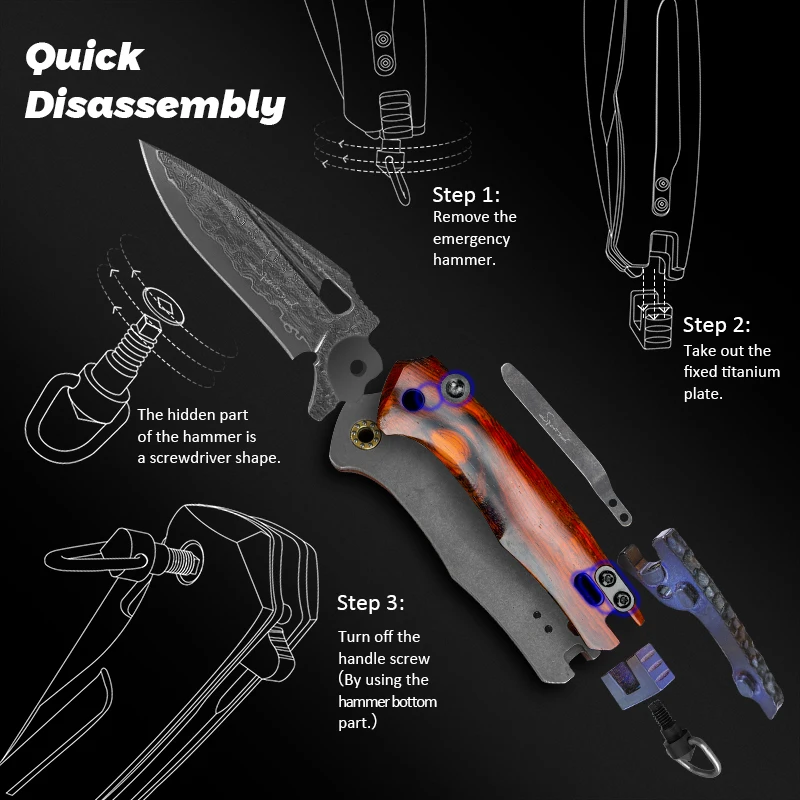 Multi-functional Folding Pocket Knife with EDC Clip Damascus Blade Rosewood Handle Emergency Hammer DIY Self-assembling Tool | Инструменты