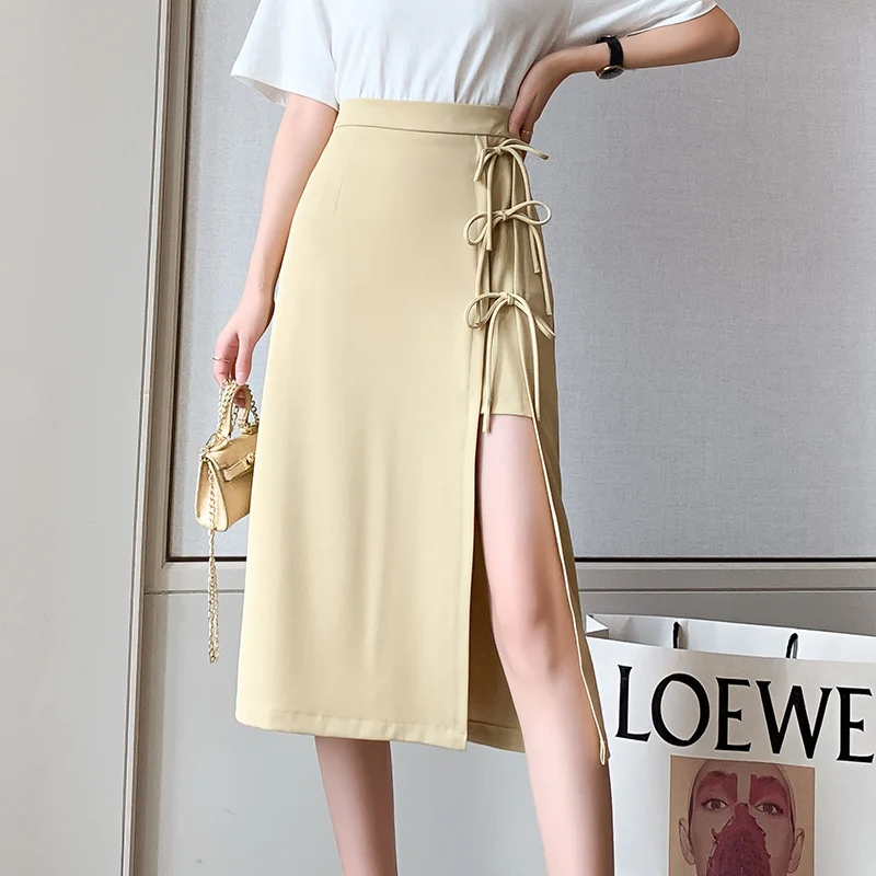 

2021 New Women Laced Split Skirt Girls Irregular Fashion A-line Midi Solid Chiffon Chic Skirts Bottoms For Femme