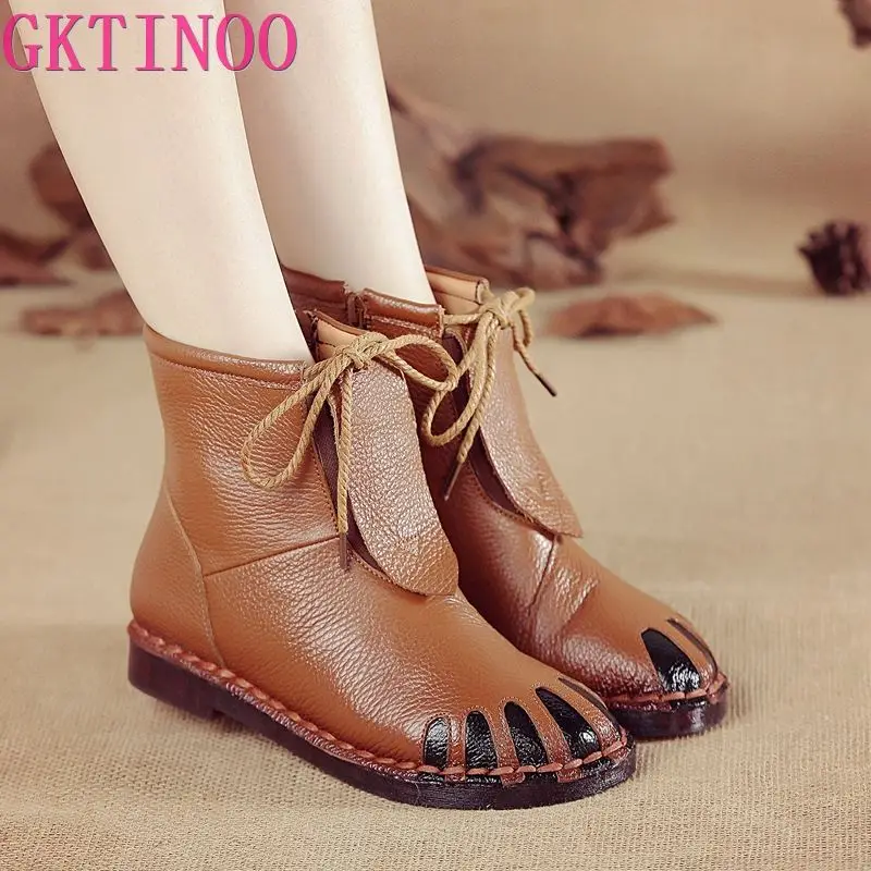 Женские винтажные ботильоны ручной работы GKTINOO зимние мягкие ботинки из