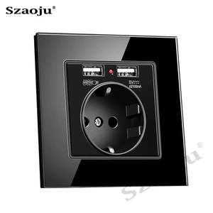 Szaoju Dual USB wall socket 2.1A wall charger socket, German Bayer base 16A AC 110-250V Schuko F plug, tempered glass panel