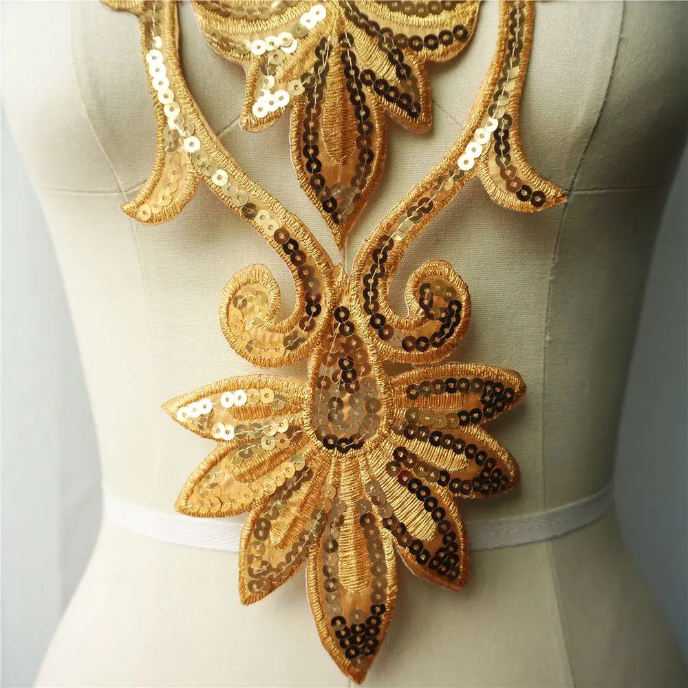 Золотые блестки сова вышитая ткань обшивки свадебное платье аппликация Воротник