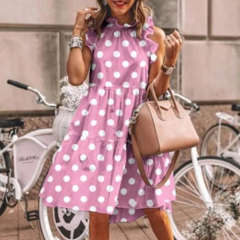 

Legant Women Dots Print Party Dress Summer Sleeveless O Neck Beach Dresses Ladies Ruffles Loose Mini Dresses Vestidos