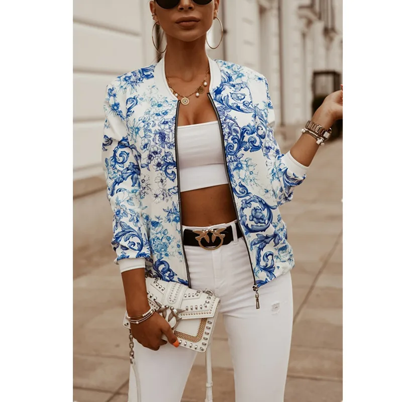 

Flower Women's Print Fashion Long Up Bomber Ladies Elegant Vintage Jacket Coat Jackets Sleeve Slim Zipper Basic Leosoxs Tops Lon