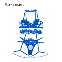 say morning 4 pcs women lingerie sets underwire push up bra embroidery thongs underwear garter belt g string neck ring lingerie
