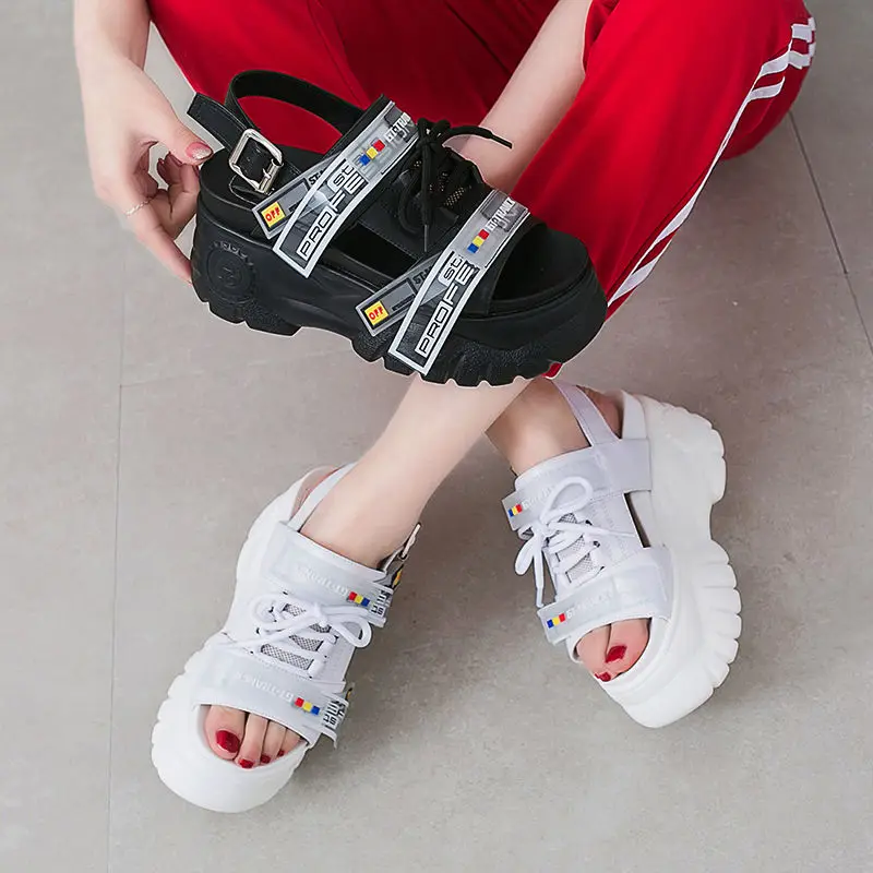 

Summer Chunky Sandals Women 7cm Wedge High Heels Shoes Female Buckle Platform Leather Casual Summer Slippers Woman White Sandals