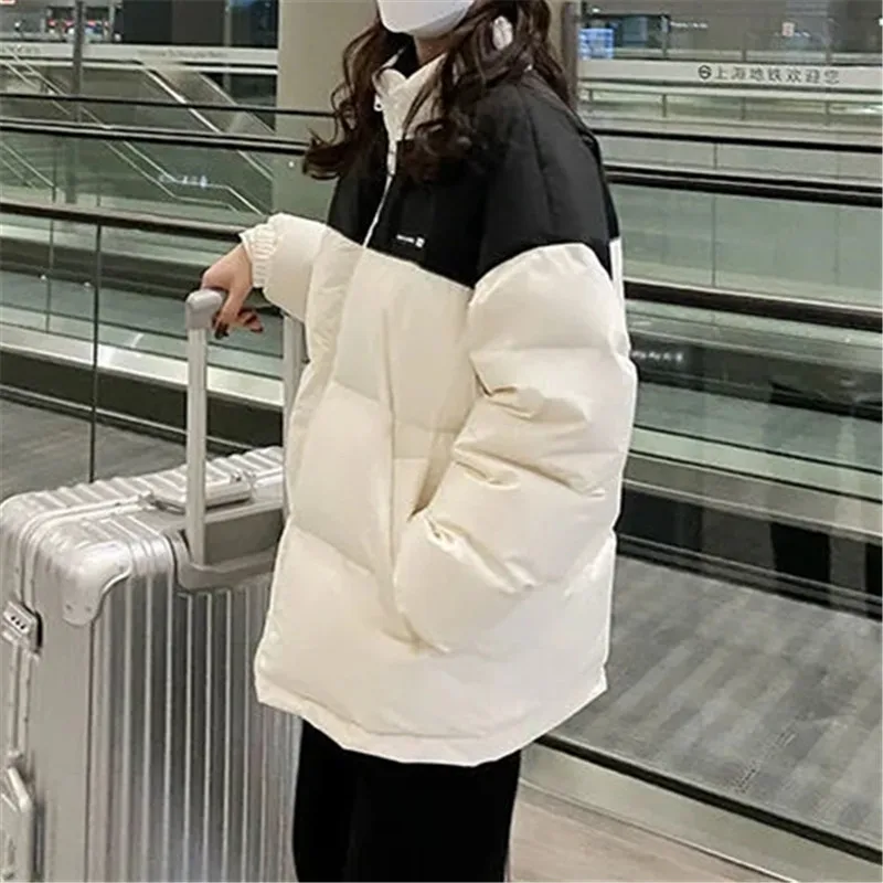 Parker Cotton Clothes Women's Winter New Stand-up Collar Stitching Long-sleeved Zipper Simple Loose Commuter Jacket Bread Tops
