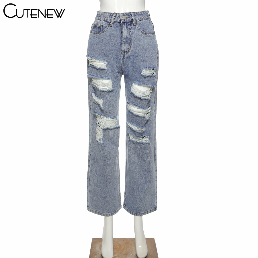 

Cutenew Y2k Fashion Hollow Out High Waisted Denim Casual Women Trousers Spring Loose Hip Hop Pants Zipper Club Female Streetwear