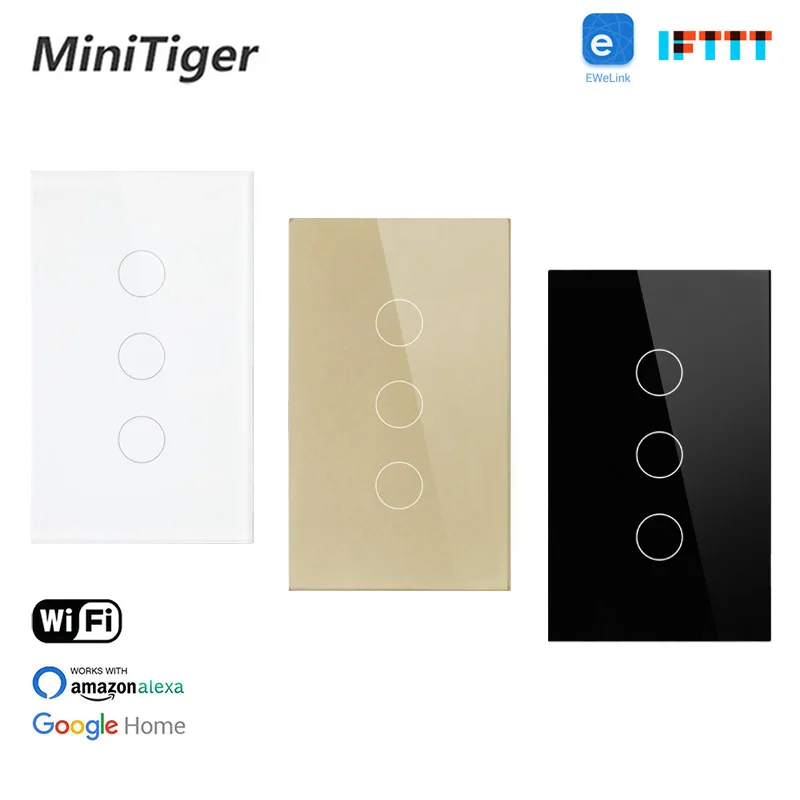 Minitiger стандарт США Ewelink Умный дом WIFI сенсорный настенный выключатель 3 банды 1