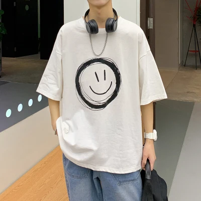 

han Men's summer casual couple smiley face print short-sleeved ins small fresh round neck wild T-shirt