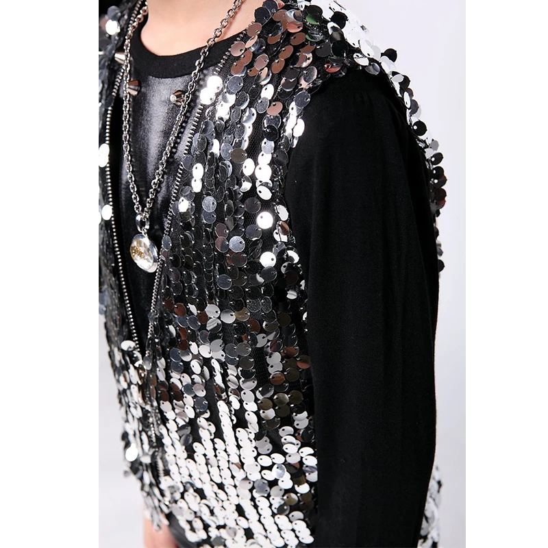 Детский костюм в стиле хип-хоп серебристая танцевальная куртка с блестками жилет