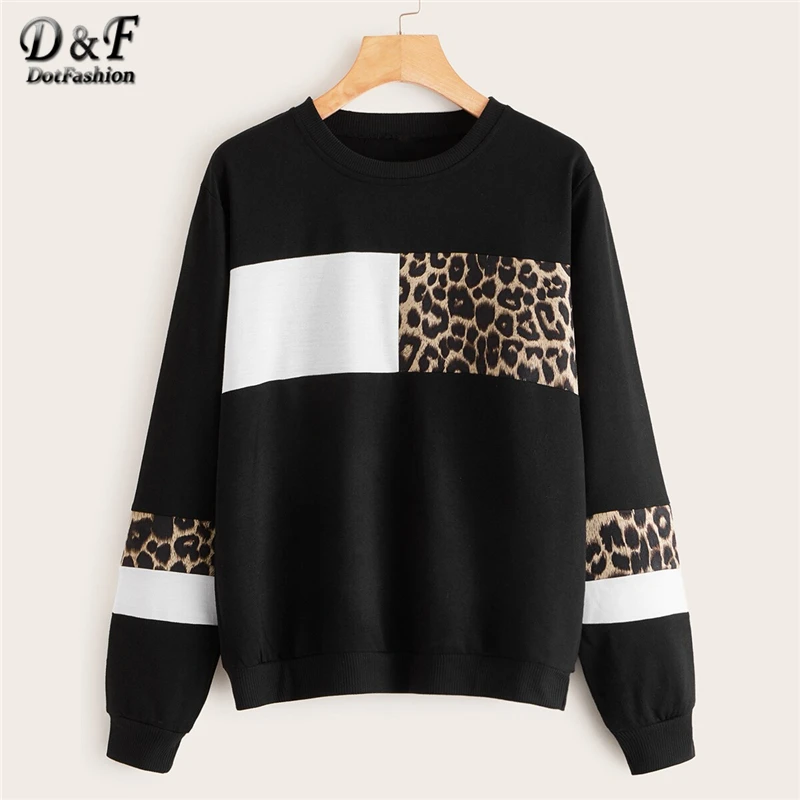 Dotfashion Black Casual Leopard Print Patchwork Sweatshirt Women Autumn Long Sleeve Sweatshirts Ladies Basic Sweatshirt