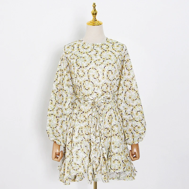 

GALCAUR Print Dress For Women O Neck Lantern Long Sleeve High Waist Hit Color Sashes Mini Dresses Female 2021 Autumn Clothes New