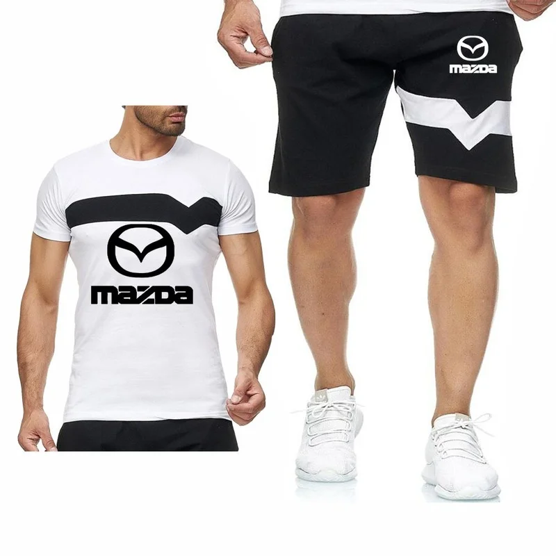 

2021 Summer Men's Suit Mazda Car Logo casual Comfortable Cotton Mens Short Sleeve O-neck Cotton Mens T-Shirt Pants Suit hb6
