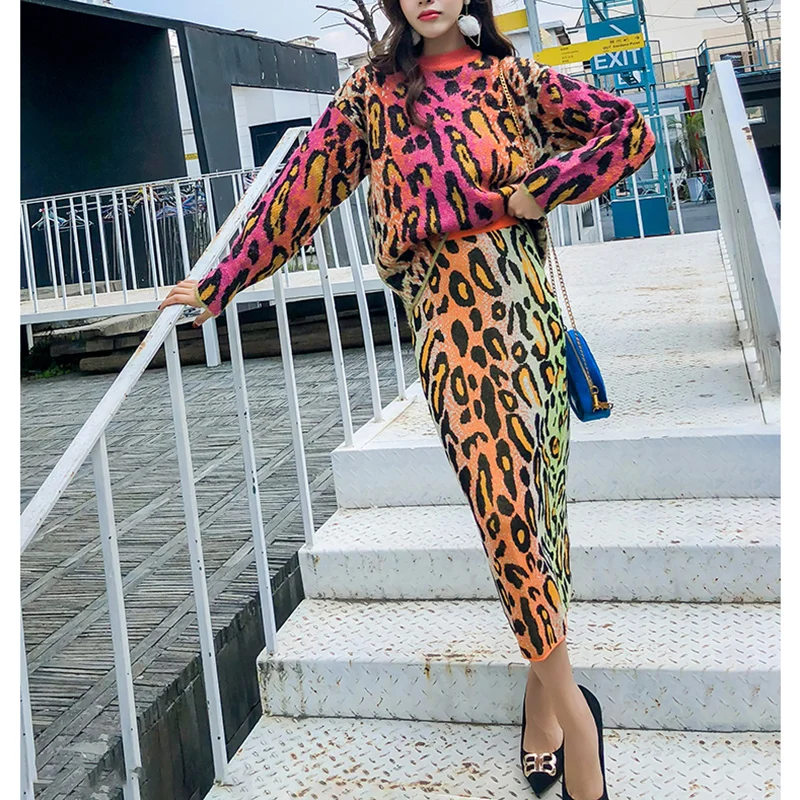 Женский комплект из 2 предметов свободный жаккардовый свитер с леопардовым