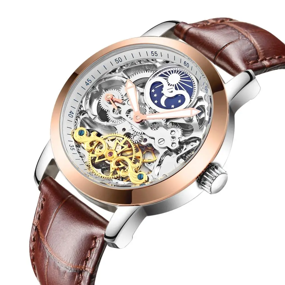 Rose gold White-L HAIQIN, мужские механические часы, Роскошные автоматические часы, мужские Tourbillon часы со скелетом, спортивные водонепроницаемые часы, Reloj Hombre - Цвет: Rose gold White-L