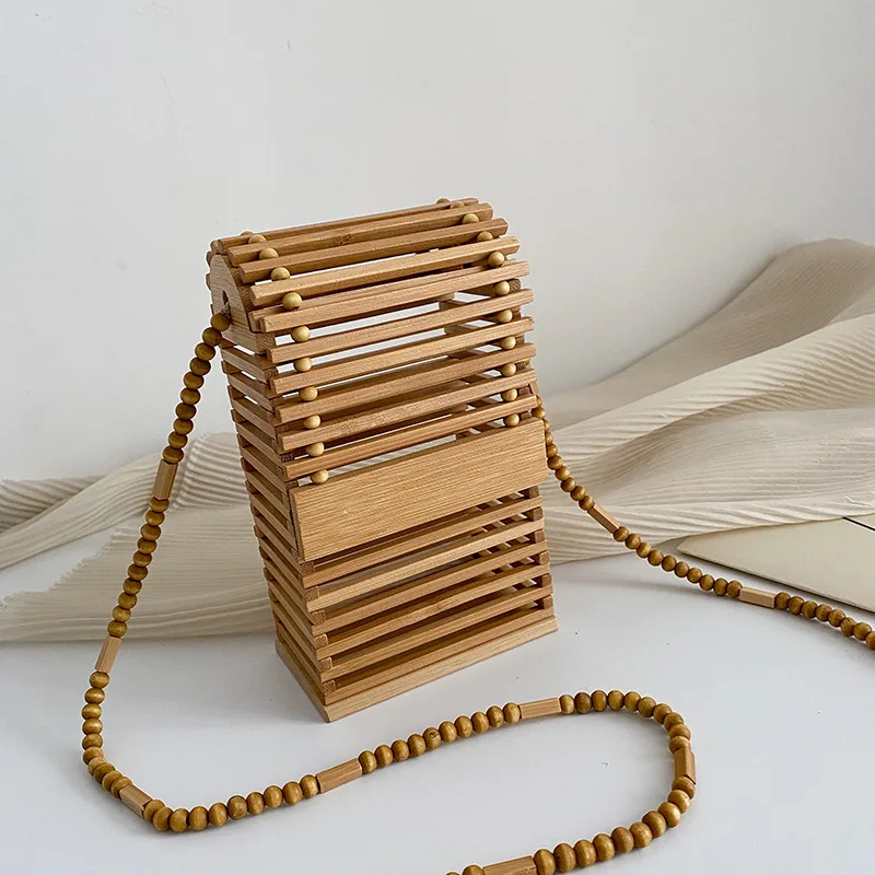 Bolso de hombro tejido de bambú para mujer, bandolera de mimbre hueca con cuentas, para playa de ratán bolso cruzado, monedero pequeño para teléfono, Bali 2021