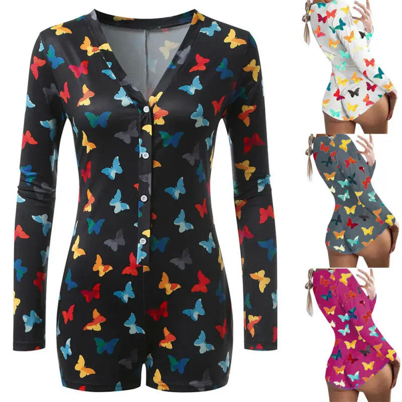 

Women Sexy Printed Long Sleeve Slim Romper Short Jumpsuit Pajamas Nightwear UK