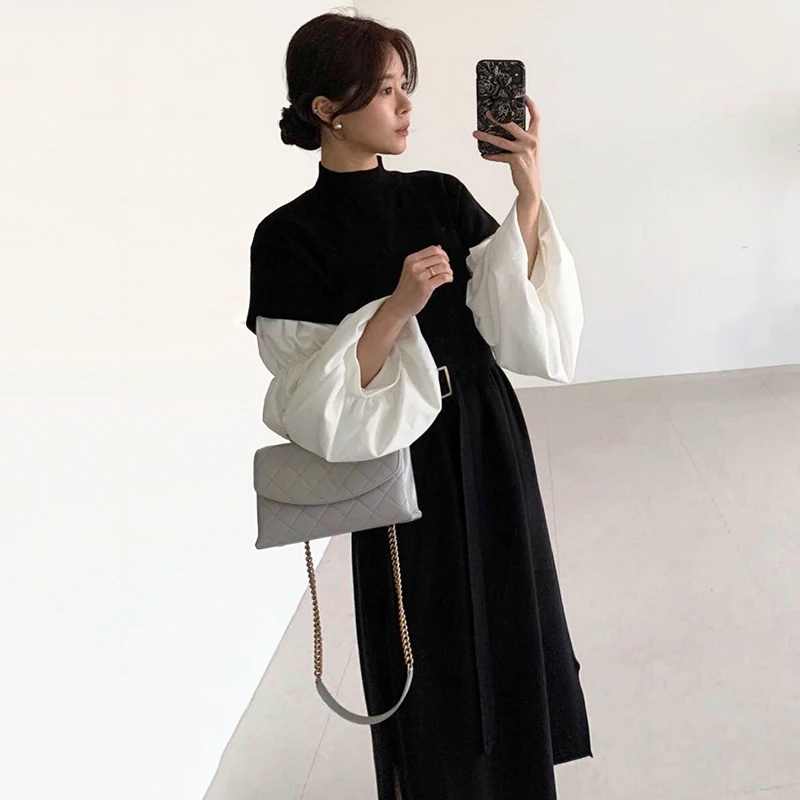 

Women Dress 2021 New Korean Fashion Elegant Stand Collar Black White Splicing Design Lantern Sleeves Lace-up Waist Knit Dresses