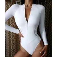 white solid color one piece swimsuit long sleeve swimwear sports womens swimming bathing suit beach bather surfing swim wear