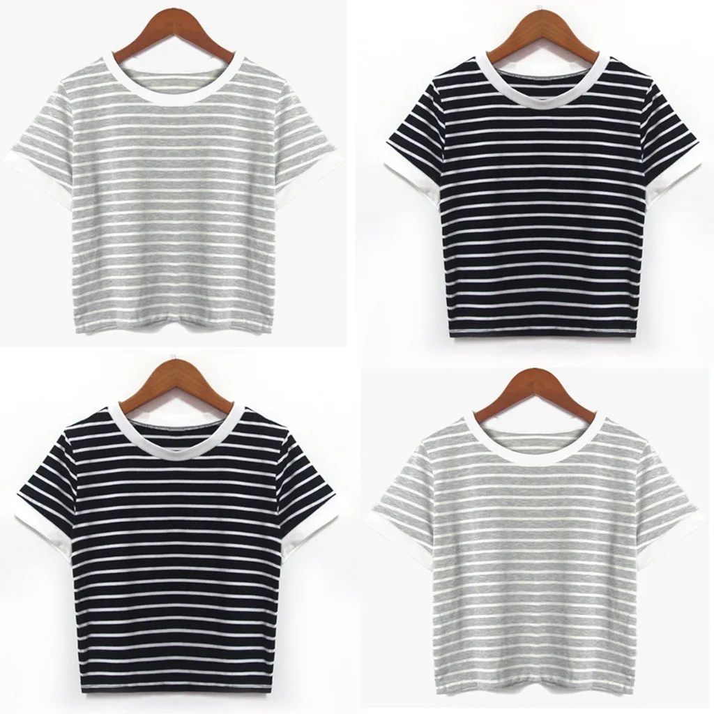 Модная женская футболка 2020 Хлопковые женские футболки в красную и белую полоску