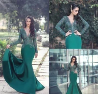 2019 green mermaid evening dress appliques lace long sleeves formal holiday wear prom party gown custom made plus size