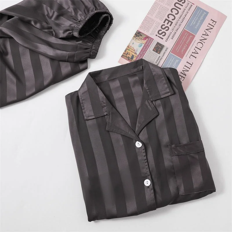 

QWEEK Silk Pajamas for Women Striped Sleepwear Autumn Pijama Long Sleeve Home Suit Female Set Woman 2 Pieces Pyjamas Loungewear