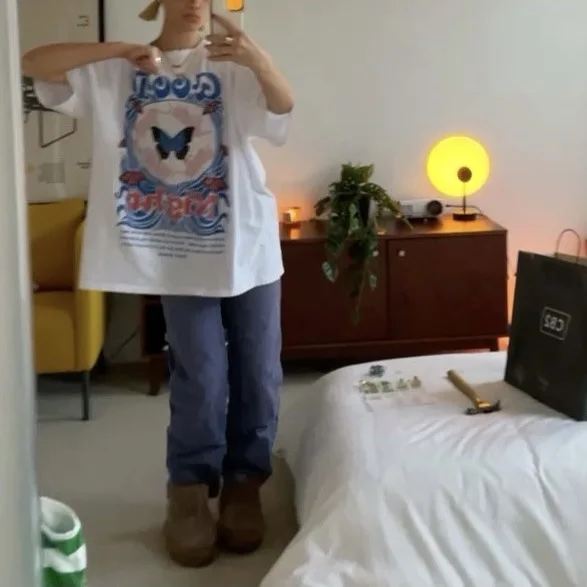 

Niche Design Retro Good Night Letter Butterfly Graphic Tee Oversized T Shirts O-neck Short Sleeve New Summer Tops Female Fashion